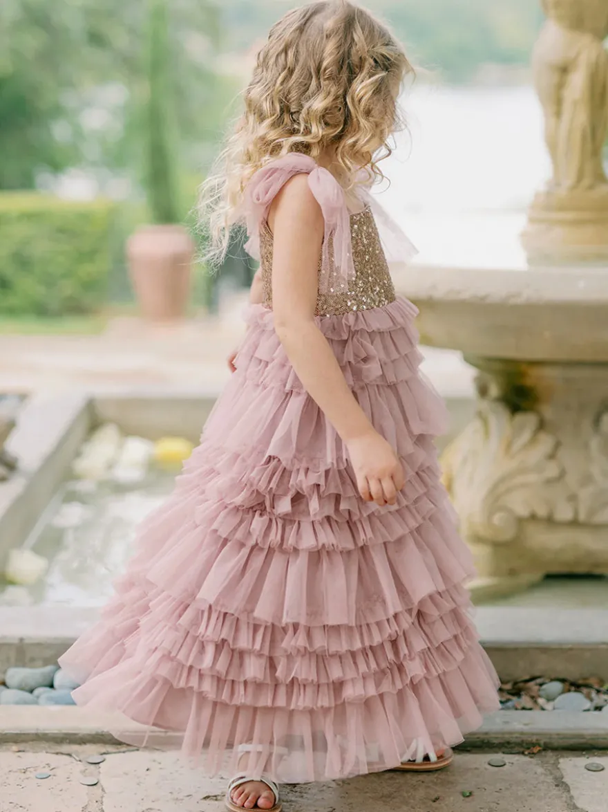 Robes de soirée de mariage Princesse Enfants Robe de soirée sociale Mariage Robe de fille de fleur de mariage Robes de fille de fleur sans manches Arcs à plusieurs niveaux Rose
