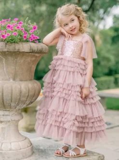 Robes de soirée de mariage Princesse Enfants Robe de soirée sociale Mariage Robe de fille de fleur de mariage Robes de fille de fleur sans manches Arcs à plusieurs niveaux Rose