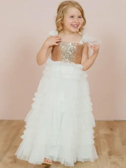 Robes de soirée de mariage Princesse Enfants Robe de soirée sociale Mariage Robe de fille de fleur de mariage Robes de fille de fleur sans manches Arcs à plusieurs niveaux Rose