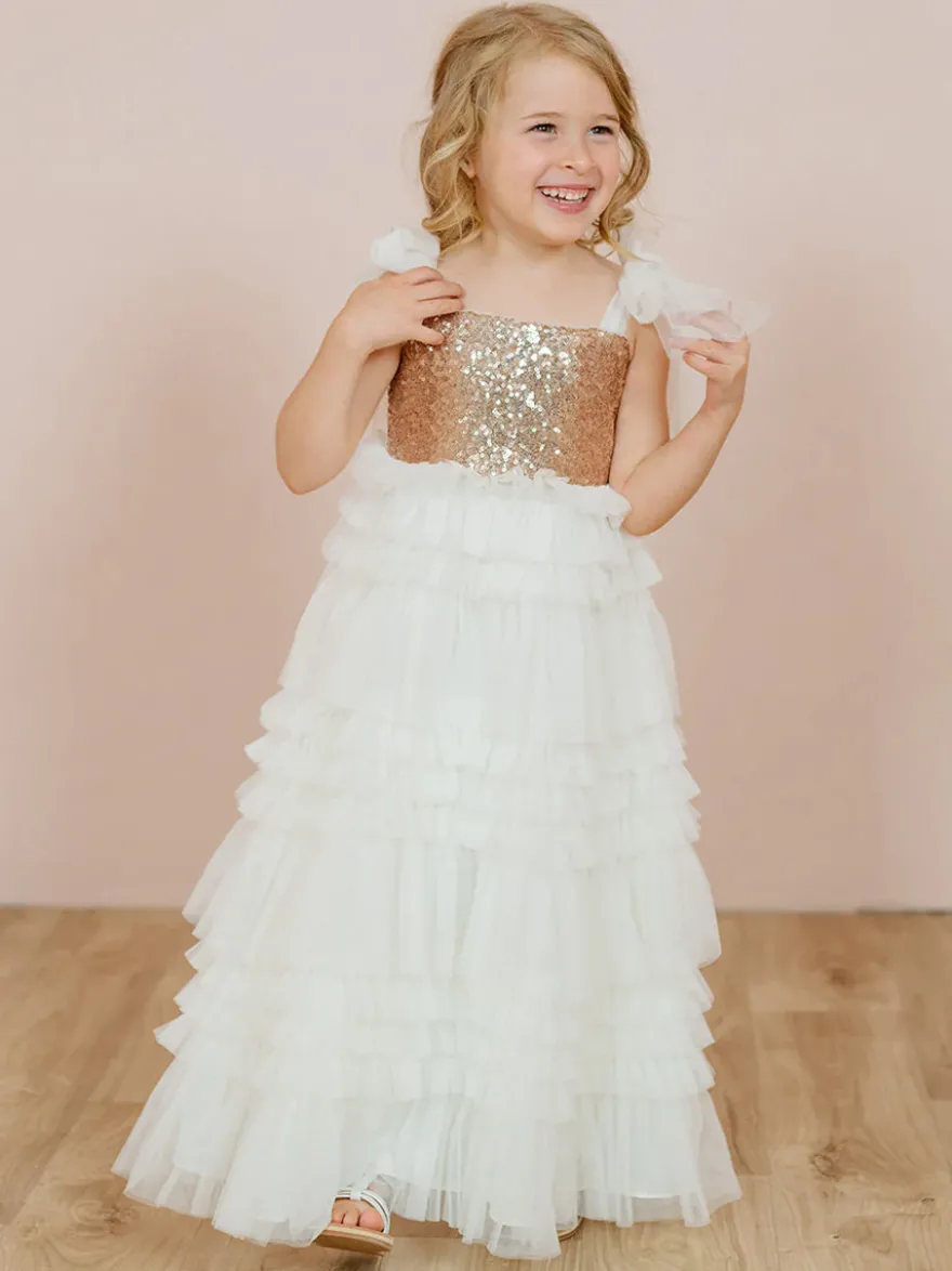 Robes de soirée de mariage Princesse Enfants Robe de soirée sociale Mariage Robe de fille de fleur de mariage Robes de fille de fleur sans manches Arcs à plusieurs niveaux Rose