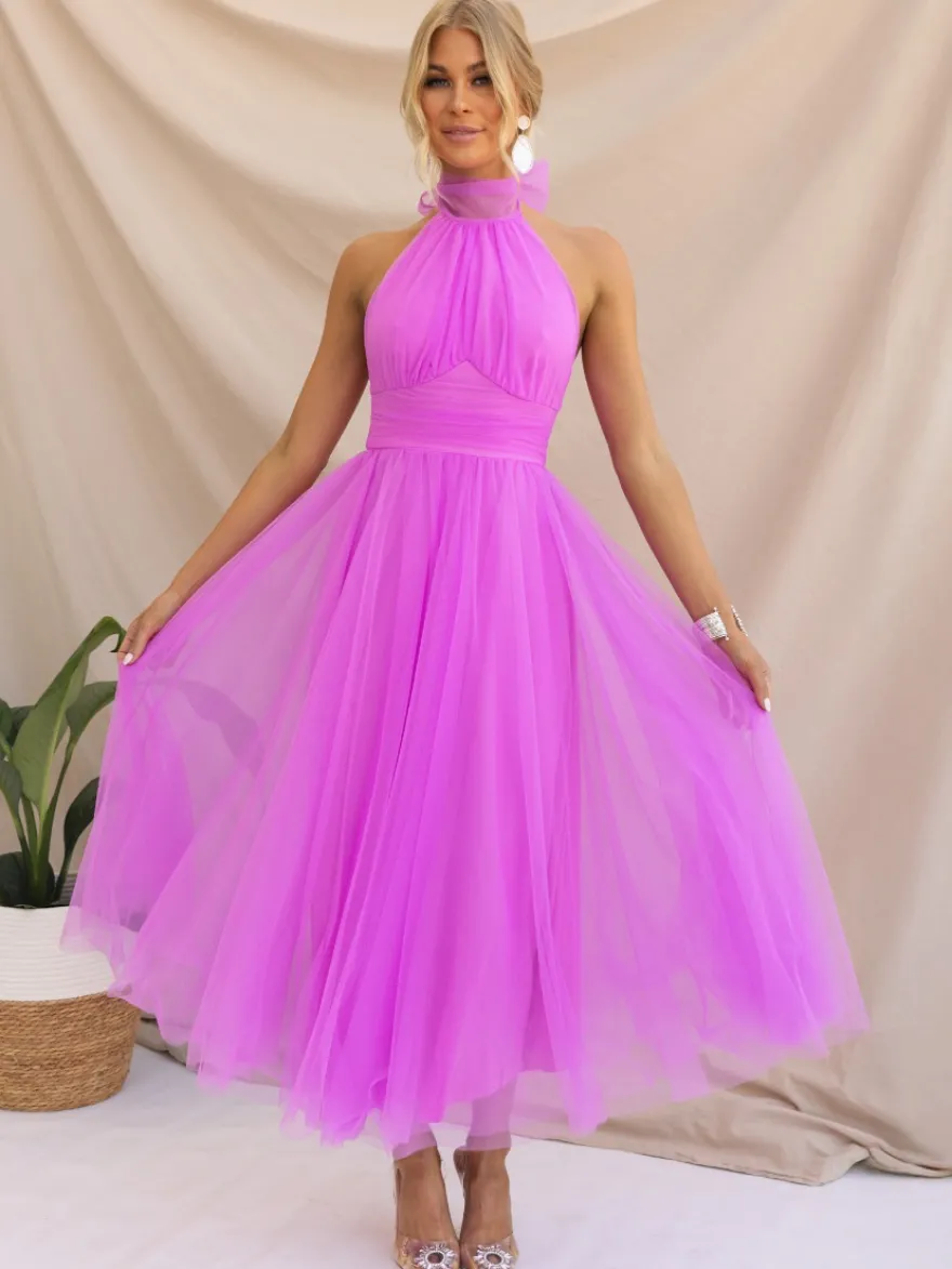 Robes De Soirée Robe Semi-formelle Violette Plissée À Col Haut Sans Manches