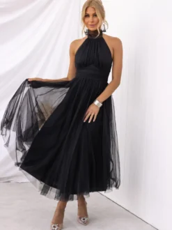 Robes De Soirée Robe Semi-formelle Violette Plissée À Col Haut Sans Manches