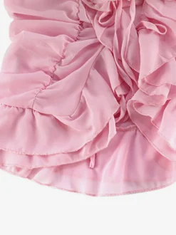 Robes de vacances roses chics mini dos nu à volants manches longues et épaules dénudées