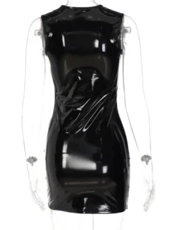 Robe Sexy Moulante en Cuir Synthétique Verni avec Bretelles à Col Décolleté en V Coupe Cintrée Unicolore