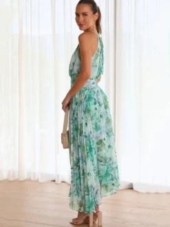 Robes Fleuri Maxi Imprimées Floral Sans Manches Élégantes Couches Plissées Dos Nu Longues Robes D'été