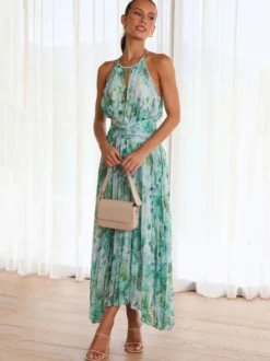 Robes Fleuri Maxi Imprimées Floral Sans Manches Élégantes Couches Plissées Dos Nu Longues Robes D'été
