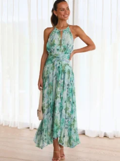 Robes Fleuri Maxi Imprimées Floral Sans Manches Élégantes Couches Plissées Dos Nu Longues Robes D'été