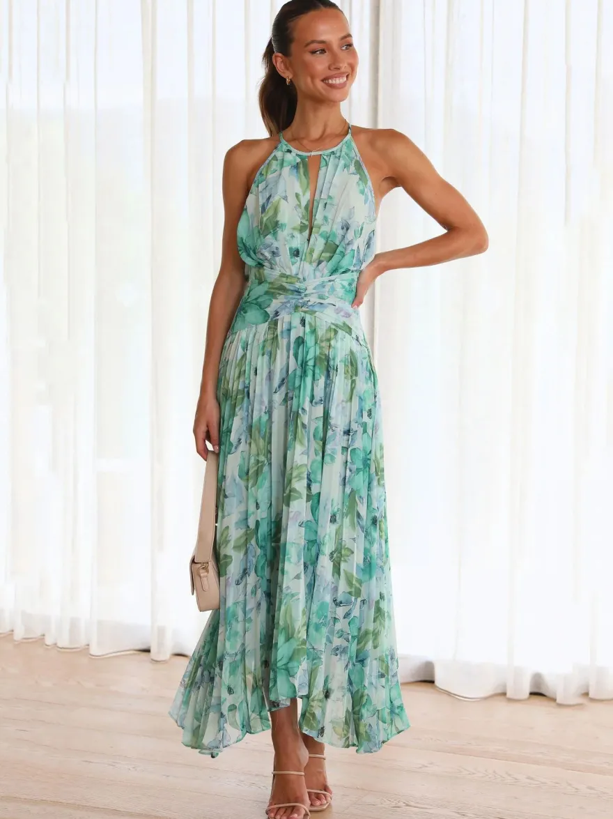 Robes Fleuri Maxi Imprimées Floral Sans Manches Élégantes Couches Plissées Dos Nu Longues Robes D'été