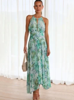 Robes Fleuri Maxi Imprimées Floral Sans Manches Élégantes Couches Plissées Dos Nu Longues Robes D'été