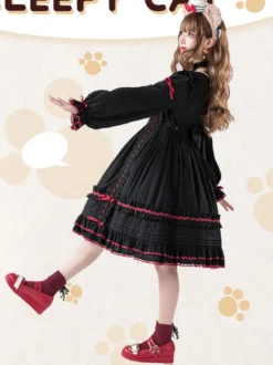 Robes gothiques Lolita avec nœuds et dentelles et blocs de couleurs Noir Noir