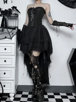 Robes Gothiques Lolita Dentelle Volants Noir Noir