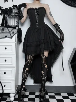 Robes Gothiques Lolita Dentelle Volants Noir Noir