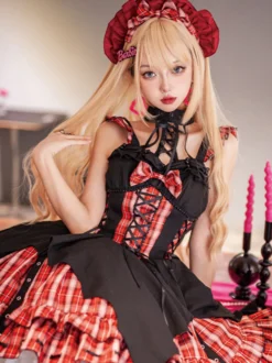 Robes Gothiques Lolita Œillets Corset À Lacets Plaid Noir Rouge JSK