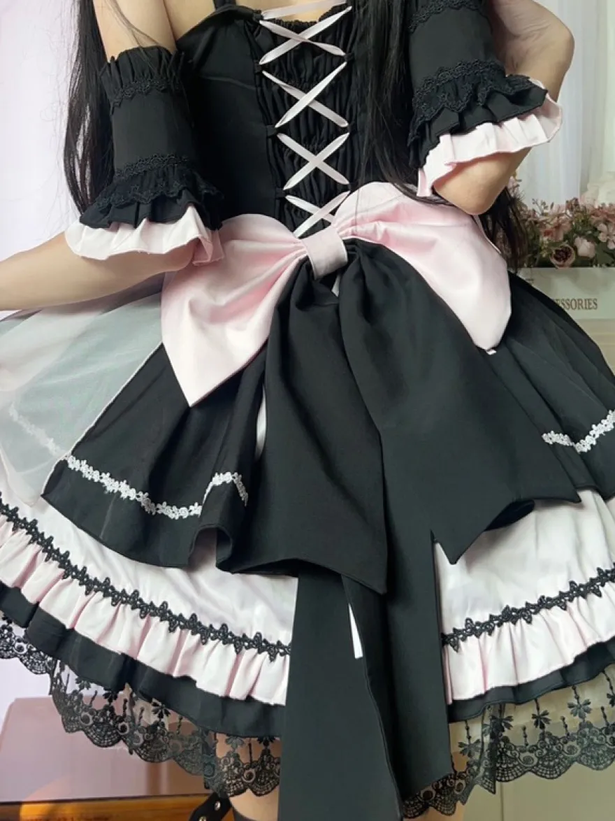 Robes gothiques Lolita à lacets en dentelle à blocs de couleurs rose bleu ciel clair JSK