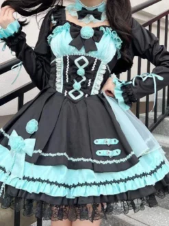 Robes gothiques Lolita à lacets en dentelle à blocs de couleurs rose bleu ciel clair JSK