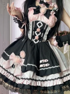 Robes gothiques Lolita à lacets en dentelle à blocs de couleurs rose bleu ciel clair JSK
