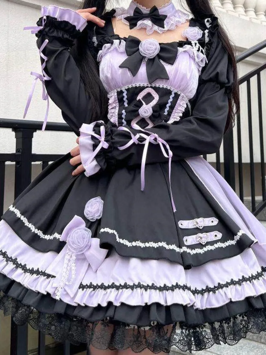 Robes gothiques Lolita à lacets en dentelle à blocs de couleurs rose bleu ciel clair JSK