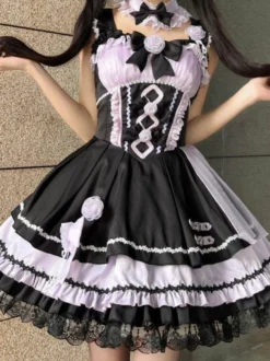 Robes gothiques Lolita à lacets en dentelle à blocs de couleurs rose bleu ciel clair JSK