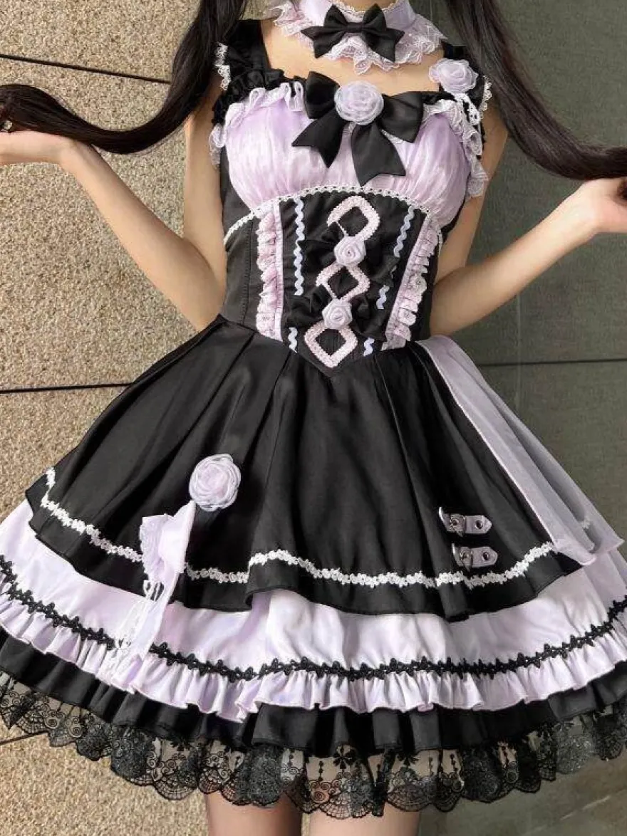 Robes gothiques Lolita à lacets en dentelle à blocs de couleurs rose bleu ciel clair JSK