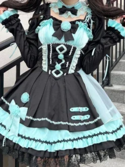 Robes gothiques Lolita à lacets en dentelle à blocs de couleurs rose bleu ciel clair JSK