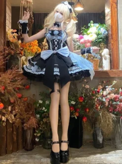 Robes gothiques Lolita à lacets en dentelle à blocs de couleurs rose bleu ciel clair JSK