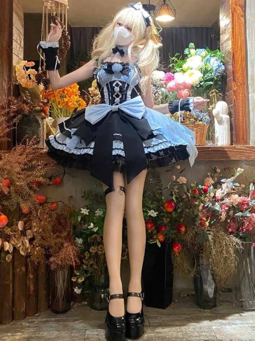 Robes gothiques Lolita à lacets en dentelle à blocs de couleurs rose bleu ciel clair JSK