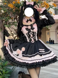 Robes gothiques Lolita à lacets en dentelle à blocs de couleurs rose bleu ciel clair JSK