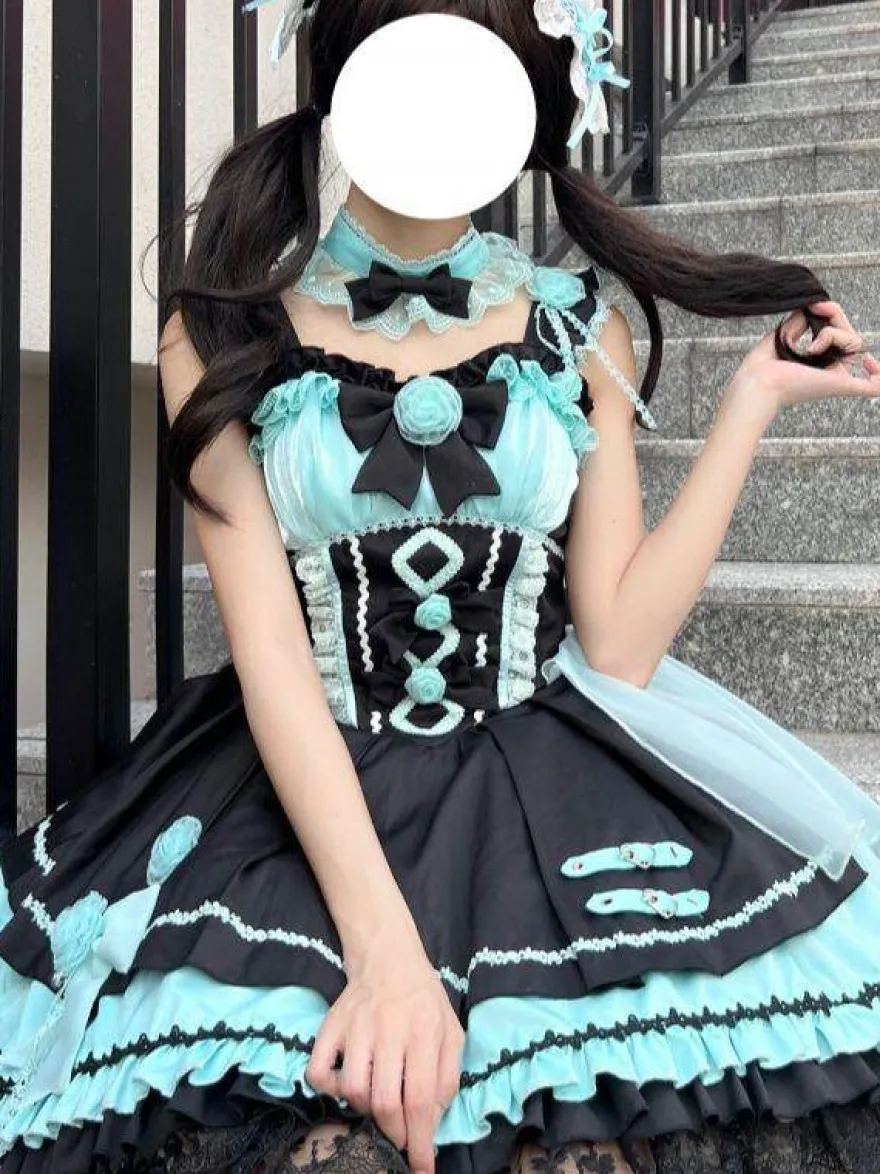Robes gothiques Lolita à lacets en dentelle à blocs de couleurs rose bleu ciel clair JSK