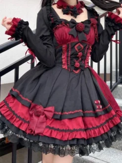 Robes gothiques Lolita à lacets en dentelle à blocs de couleurs rose bleu ciel clair JSK