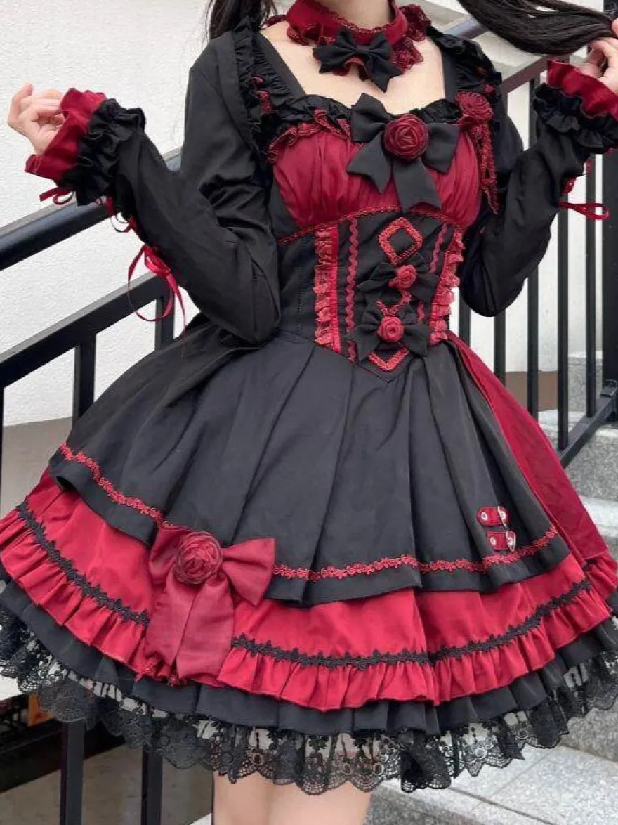 Robes gothiques Lolita à lacets en dentelle à blocs de couleurs rose bleu ciel clair JSK