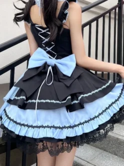Robes gothiques Lolita à lacets en dentelle à blocs de couleurs rose bleu ciel clair JSK