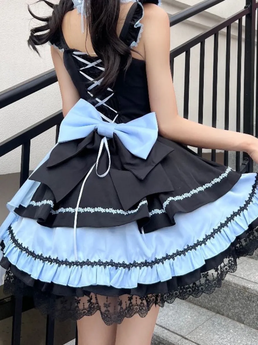 Robes gothiques Lolita à lacets en dentelle à blocs de couleurs rose bleu ciel clair JSK