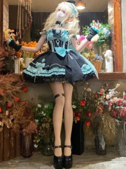 Robes gothiques Lolita à lacets en dentelle à blocs de couleurs rose bleu ciel clair JSK