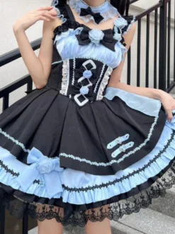 Robes gothiques Lolita à lacets en dentelle à blocs de couleurs rose bleu ciel clair JSK