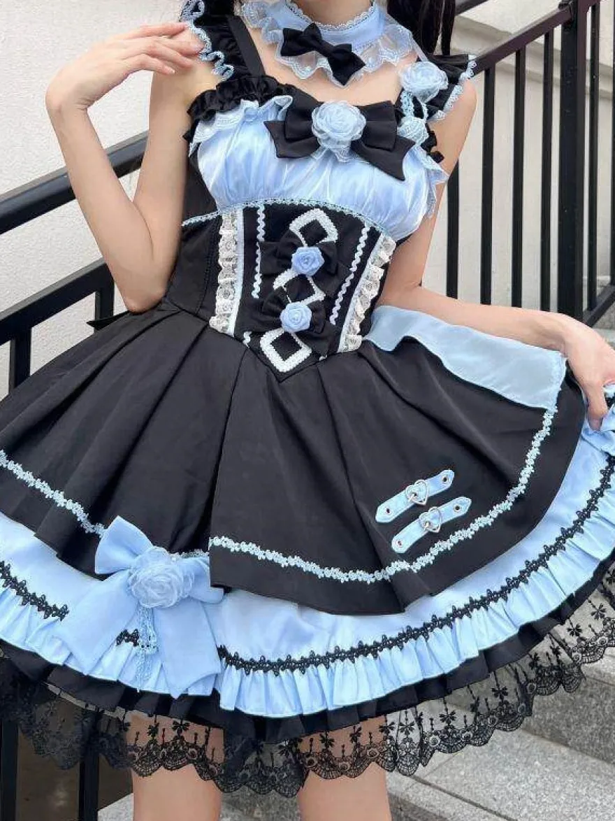 Robes gothiques Lolita à lacets en dentelle à blocs de couleurs rose bleu ciel clair JSK