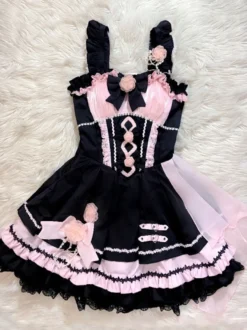 Robes gothiques Lolita à lacets en dentelle à blocs de couleurs rose bleu ciel clair JSK