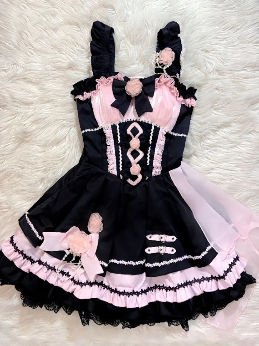 Robes gothiques Lolita à lacets en dentelle à blocs de couleurs rose bleu ciel clair JSK