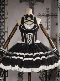 Robes Gothiques Lolita Nœuds Dentelle Noir Blanche Style Servante