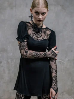 Robes gothiques Lolita Punk à lacets en dentelle manches courtes robes noires