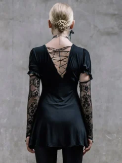 Robes gothiques Lolita Punk à lacets en dentelle manches courtes robes noires