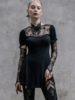 Robes gothiques Lolita Punk à lacets en dentelle manches courtes robes noires
