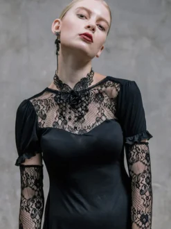 Robes gothiques Lolita Punk à lacets en dentelle manches courtes robes noires