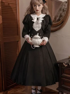 Robes Gothiques Lolita Volants Plissé Noir Manches Longues
