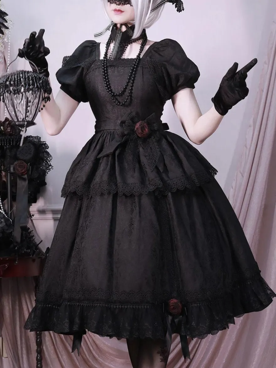 Robes Gothiques Lolita Volants Rose Noir