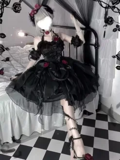 Robes Gothiques Lolita À Volants Nœuds Noirs Robe De Princesse Lolita JSK