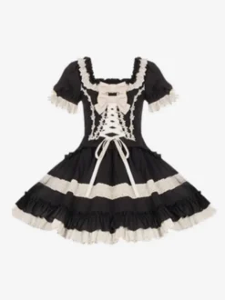 Robes Lolita classiques gothiques douces à lacets et volants à blocs de couleurs noires