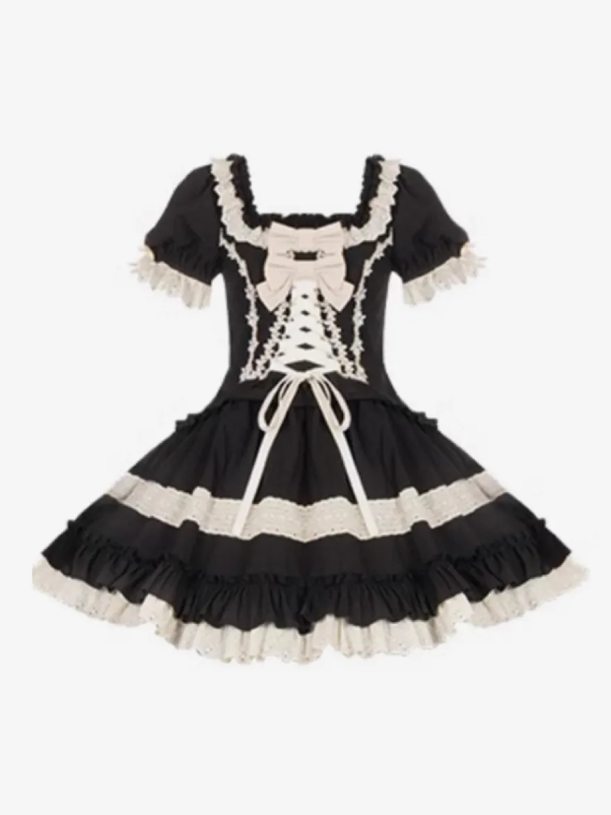 Robes Lolita classiques gothiques douces à lacets et volants à blocs de couleurs noires