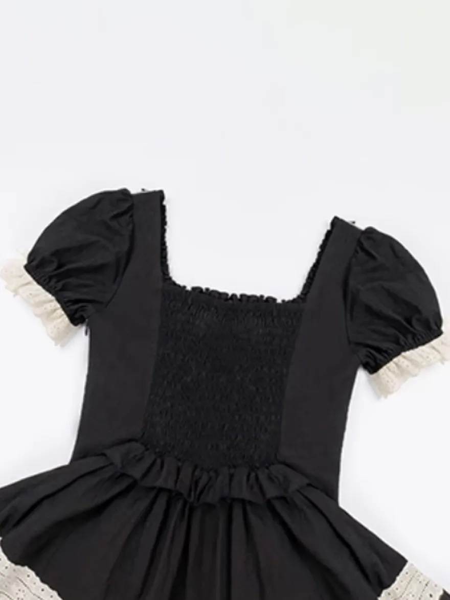 Robes Lolita classiques gothiques douces à lacets et volants à blocs de couleurs noires