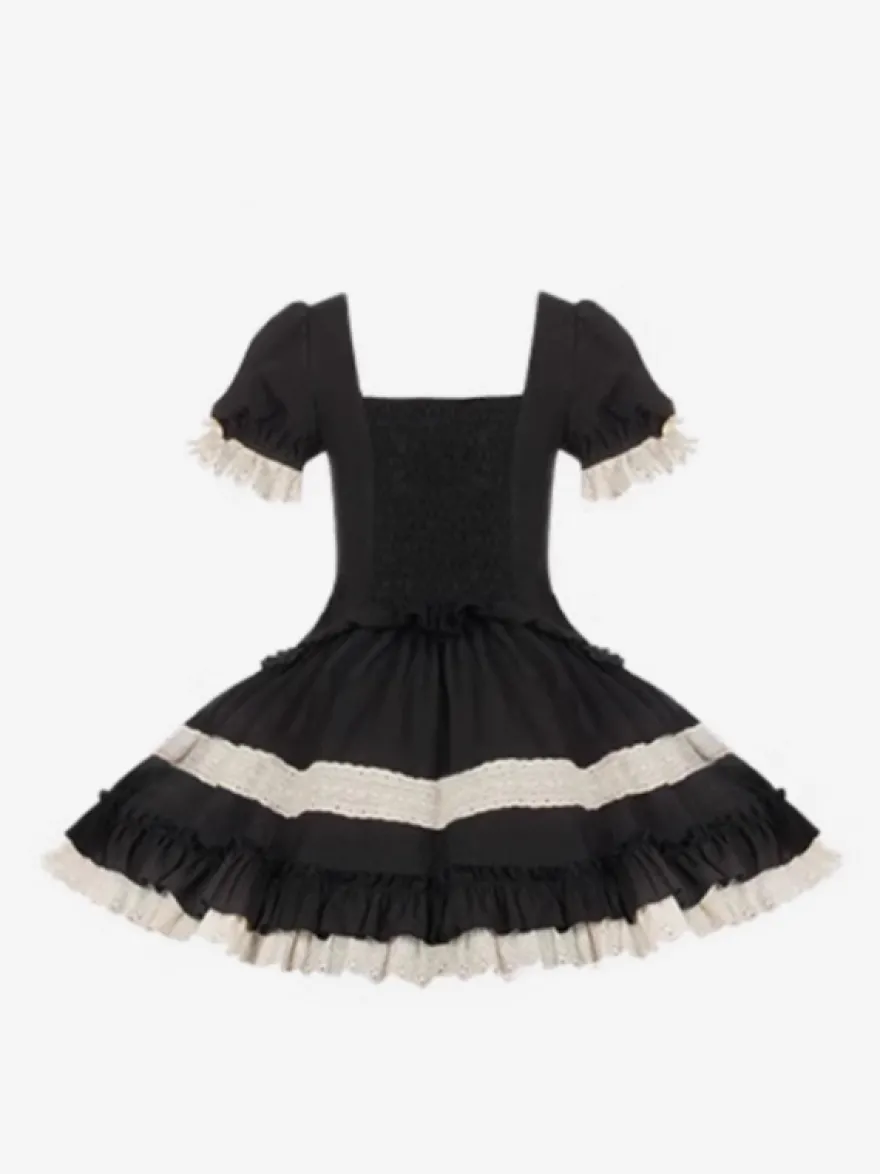 Robes Lolita classiques gothiques douces à lacets et volants à blocs de couleurs noires