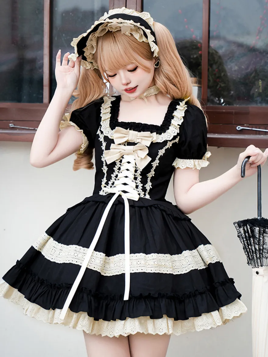 Robes Lolita classiques gothiques douces à lacets et volants à blocs de couleurs noires